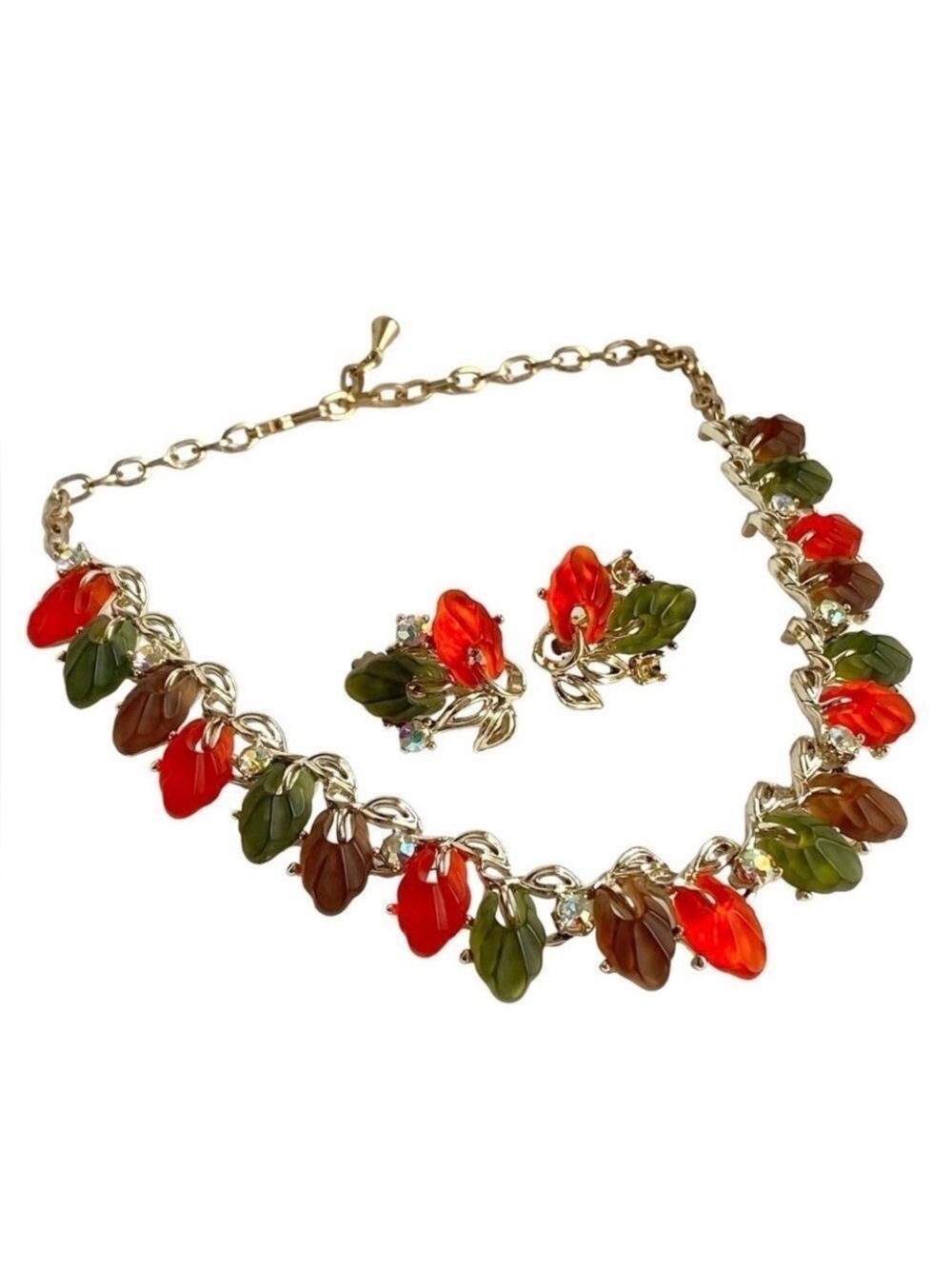 Vintage 50s 60s Lucite Necklace Earrings Set AB Crystal Orange Green Moonglow